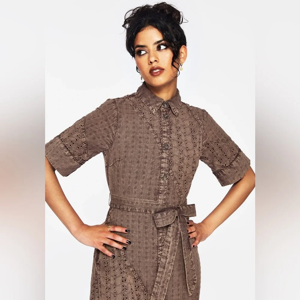 NWT Disturbia Summerisle Cotton Broderie Detail Tie Wrap Midi Shirt Dress US 6 - Picture 4 of 7
